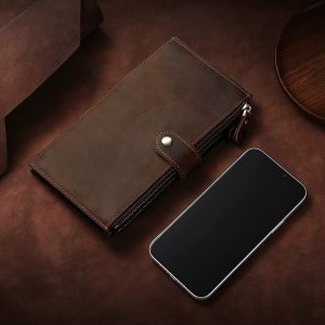 Fashion Simple Genuine Leather Multi-Card Mobile Phone Wallet RFID Anti-Demagnetization Anti-theft Brush Zipper Money Clip Can Be A Gift for Husband