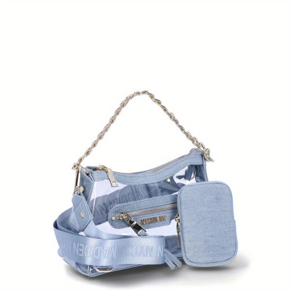 Clear Crossbody With Wide Strap, Women's Handbag With Chain, Denim Style Design, Zipper Closure