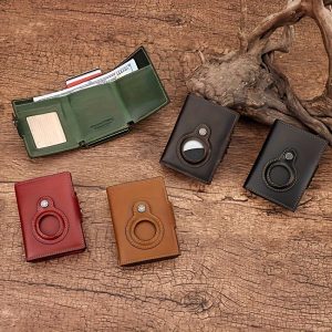 AirTag Pop-up Card Holder Purse RFID Protect Credit Cardholder Crazy Horse Leather Men's Wallet With Chain Coin Pocket