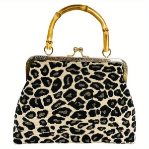 Black And White Brown Leopard Evening Bag For Women, Medium Size, Removable Shoulder Strap, Kiss Lock, Shoulder Bag, Crossbody Bag For Women, Bamboo Handle