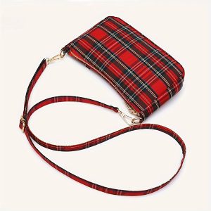 Vintage Plaid Canvas Crossbody Bag with Zip Closure, Polyester Lined, Fashionable Women's Shoulder Purse