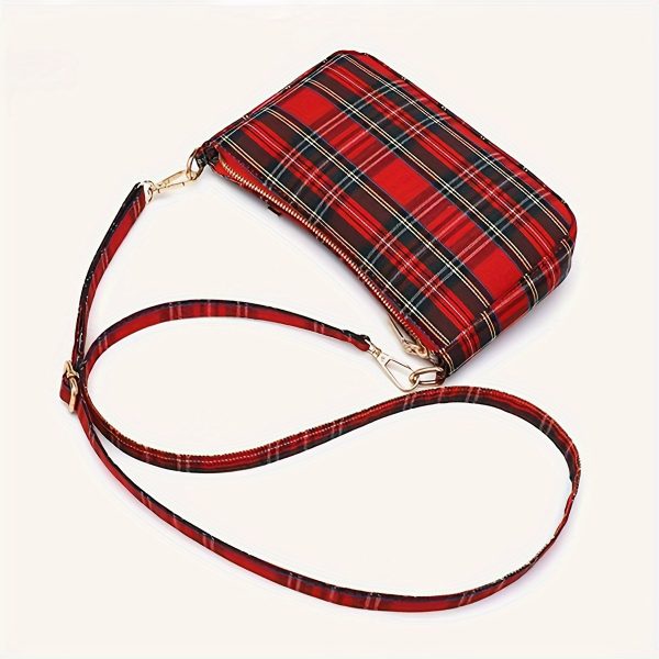 Vintage Plaid Canvas Crossbody Bag with Zip Closure, Polyester Lined, Fashionable Women's Shoulder Purse