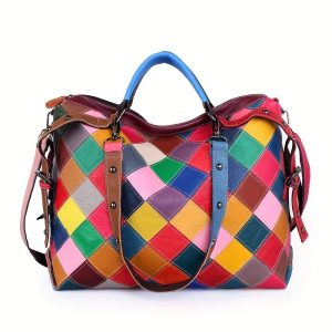 Urban Plaid Pattern Shoulder Bag for Women - 2024 New Arrival Fashion Multi-Color Leather Handbag with Zipper Closure, Cotton Lined, Top Layer Leather, Strap Included