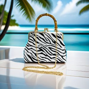 Black And White Zebra-stripe Evening Bag For Women, Medium Size, Removable Shoulder Strap, Kiss Lock, Shoulder Bag, Crossbody Bag For Women, Bamboo Handle