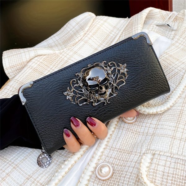 Chic Punk-Style Skull Clutch Wallet for Women - Elegant Black Faux Leather with Zip Closure, Coin Purse Included