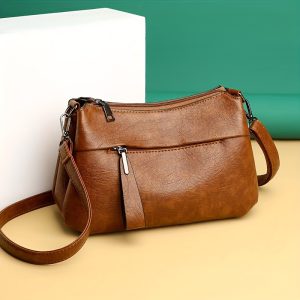 Retro Solid Color PU Leather Crossbody Bag with Multi-Layer Design, Women's Everyday Shoulder Bag