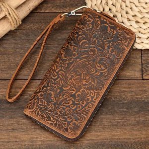 1pc Men's Vintage Genuine Leather Long Wallet, Embossed Zipper Clutch Bag With Multiple Card Holders, Crazy Horse Leather Large Wallet For Cell Phones